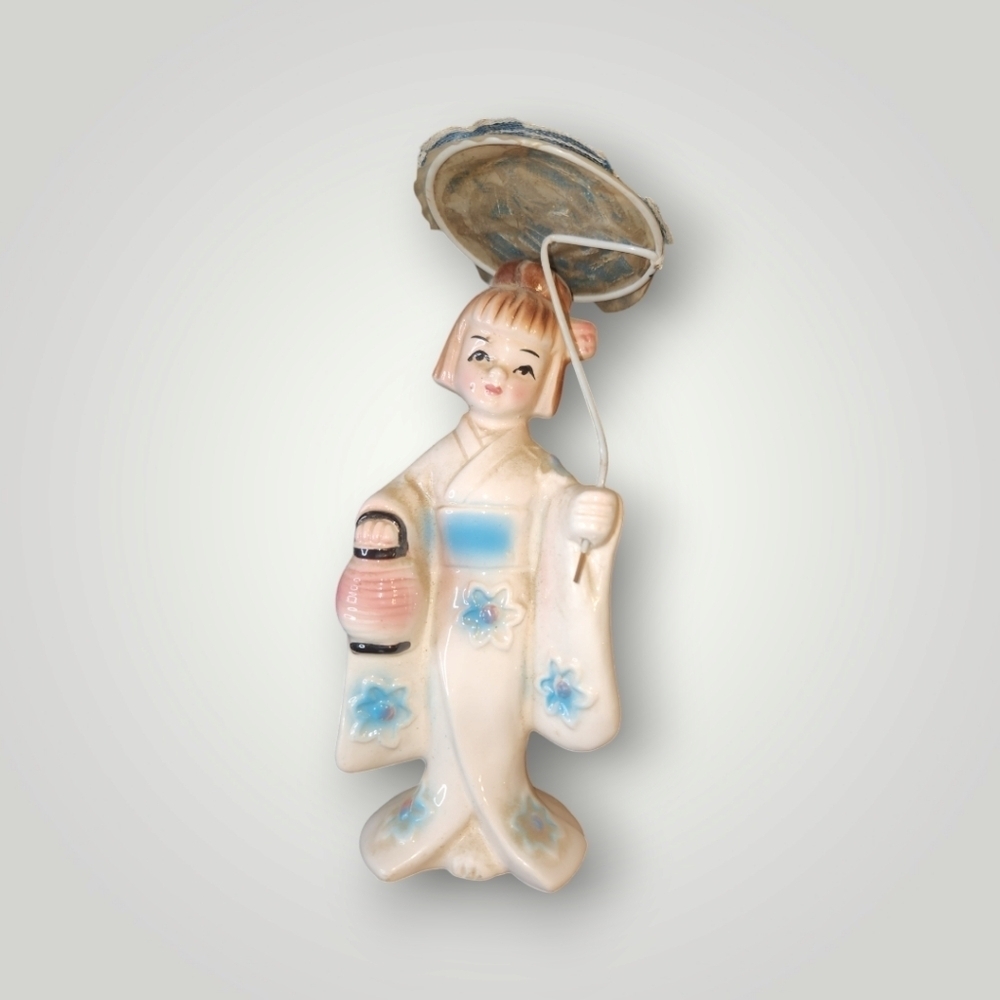 Vintage Asian Woman Figurine Porcelain Holding Yellow Parasol Made in Japan
